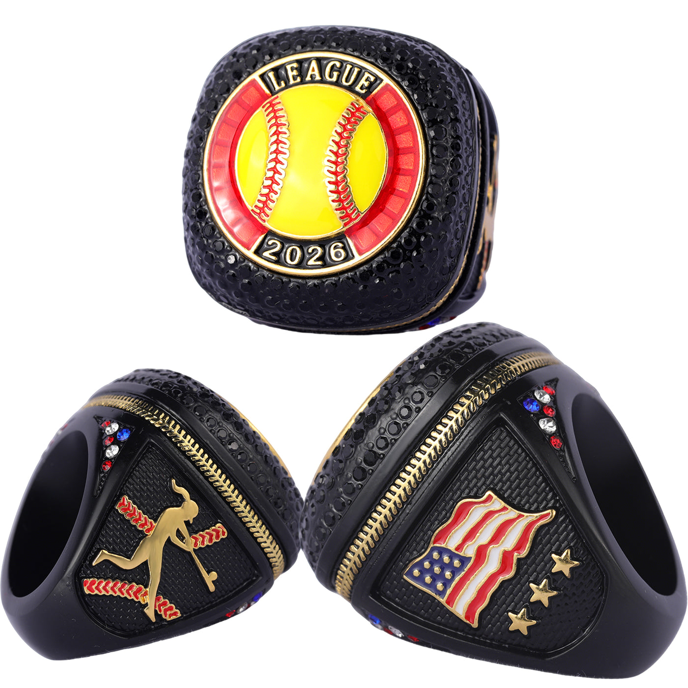 date 2026 girls softball LEAGUE black gold champions ring size 9.5 ...
