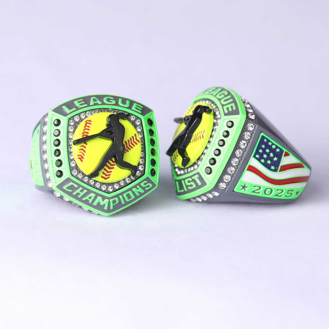 2025 LEAGUE grey green softball champion & Finalist rings size 9.5 and size 11.5 - Topsportsjewelry & awards