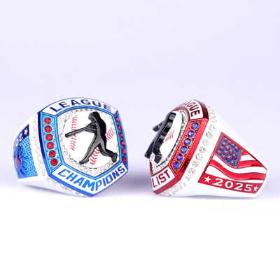 2025 LEAGUE white red blue baseball champ ring youth size 9.5 , adult size 11.5 - Topsportsjewelry & awards