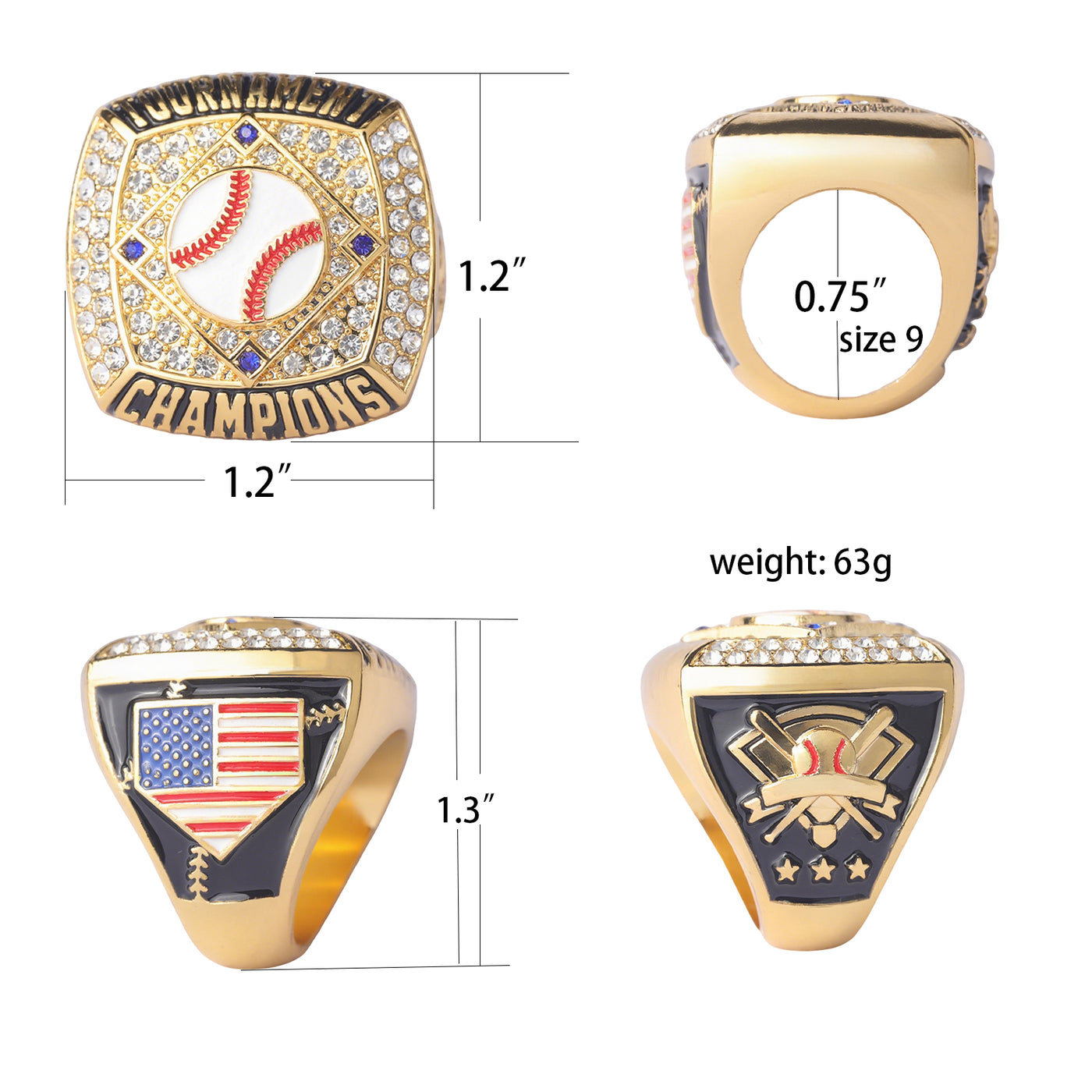 New quare big baseball teams gold champions / silver finalist tournament players championship rings size 9.5