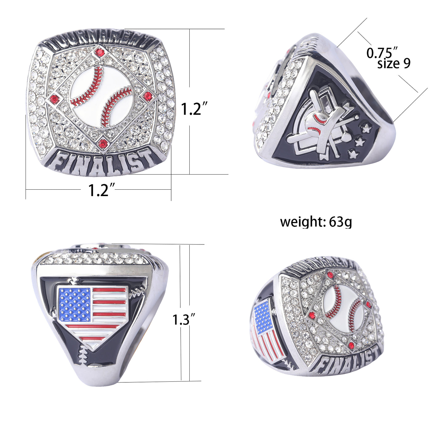 New quare big baseball teams gold champions / silver finalist tournament players championship rings size 9.5