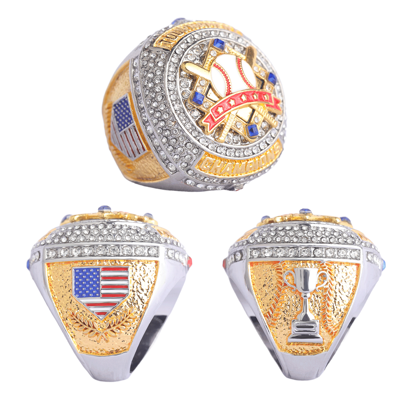 Team awards youth baseball Tournament two-tones gold champions silver bronze finalist ring size 9.5