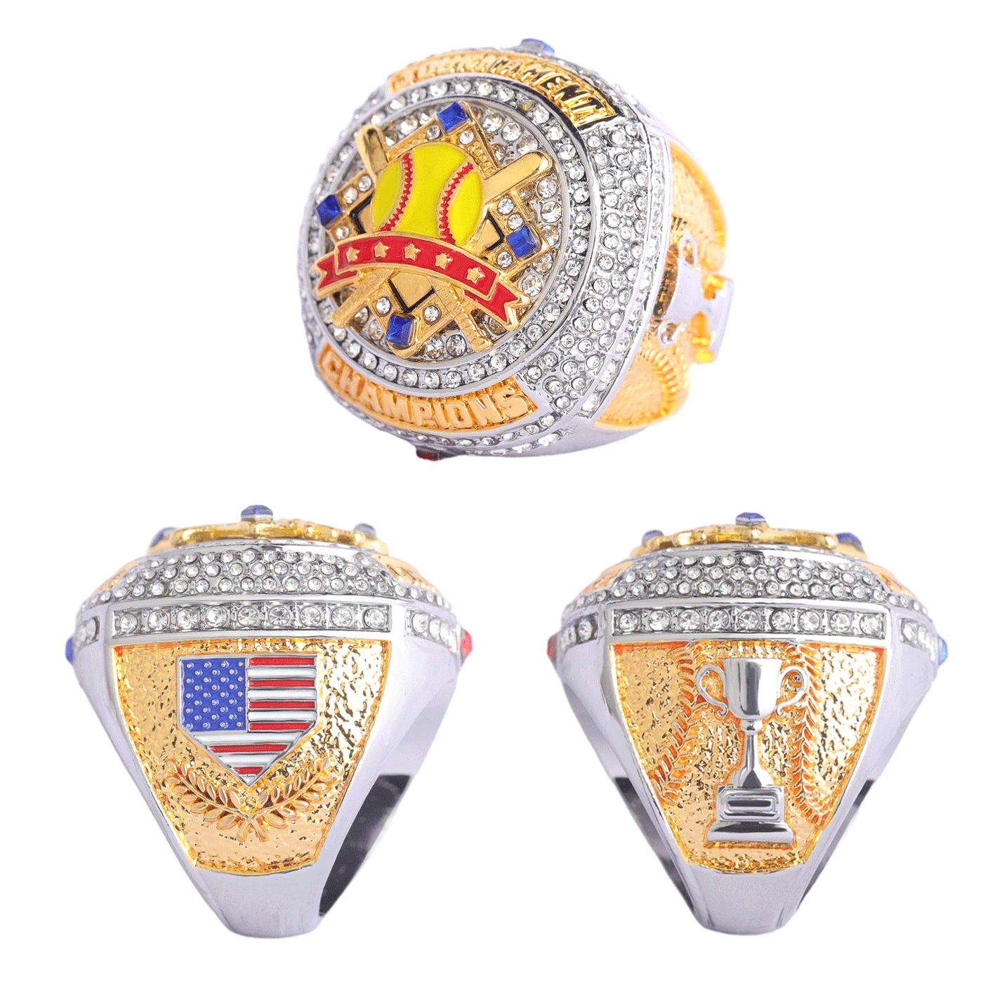 GENERIC softball players awards two-tones gold champions silver bronze finalist ring size 9.5