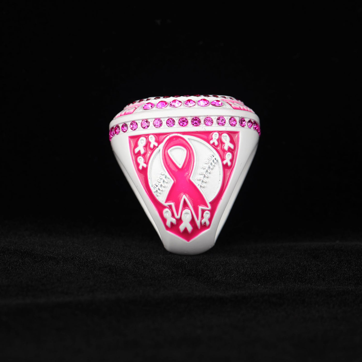 Seasonal fall breast cancer ribbon baseball team awards tournament championship white ring size 9.5 - Topsportsjewelry & awards