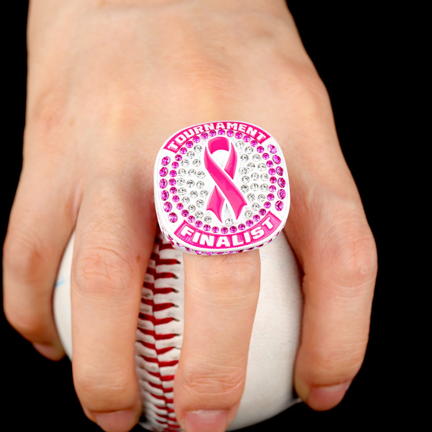Seasonal fall breast cancer ribbon baseball team awards tournament championship white ring size 9.5 - Topsportsjewelry & awards