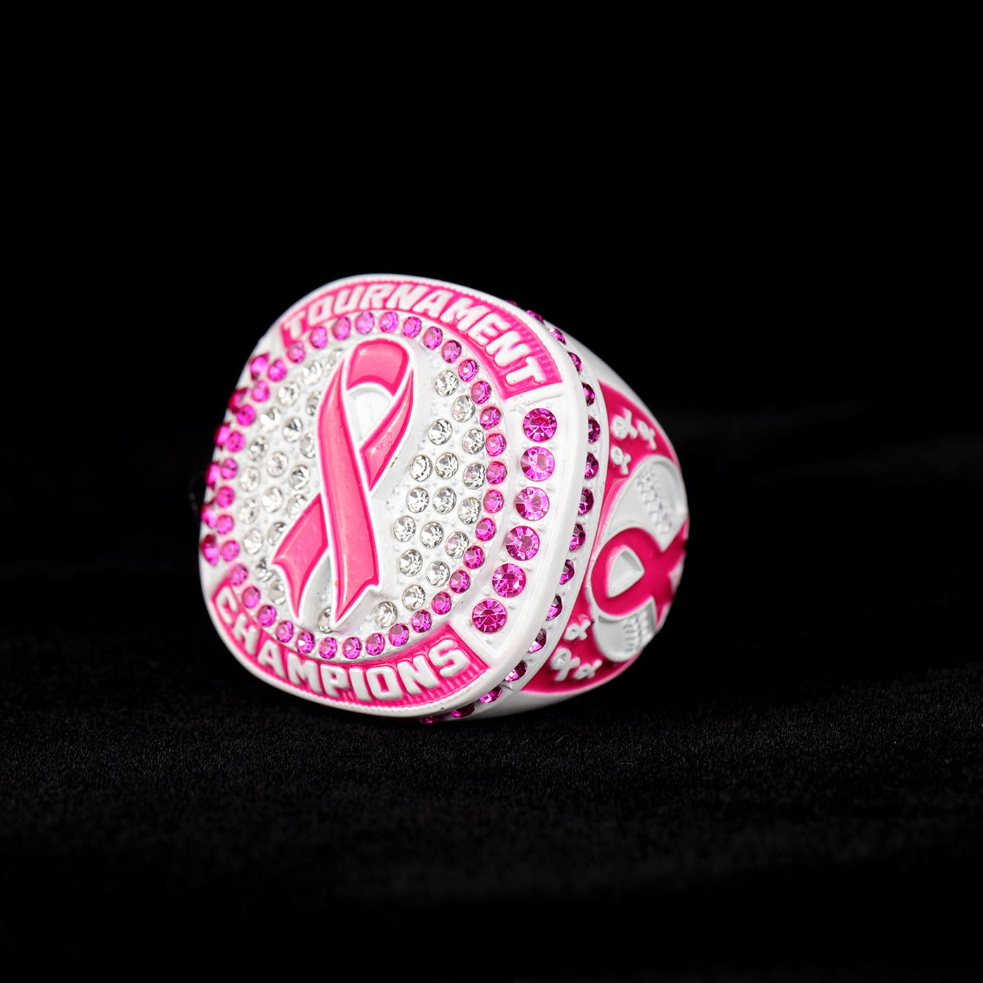 Seasonal fall breast cancer ribbon baseball team awards tournament championship white ring size 9.5 - Topsportsjewelry & awards