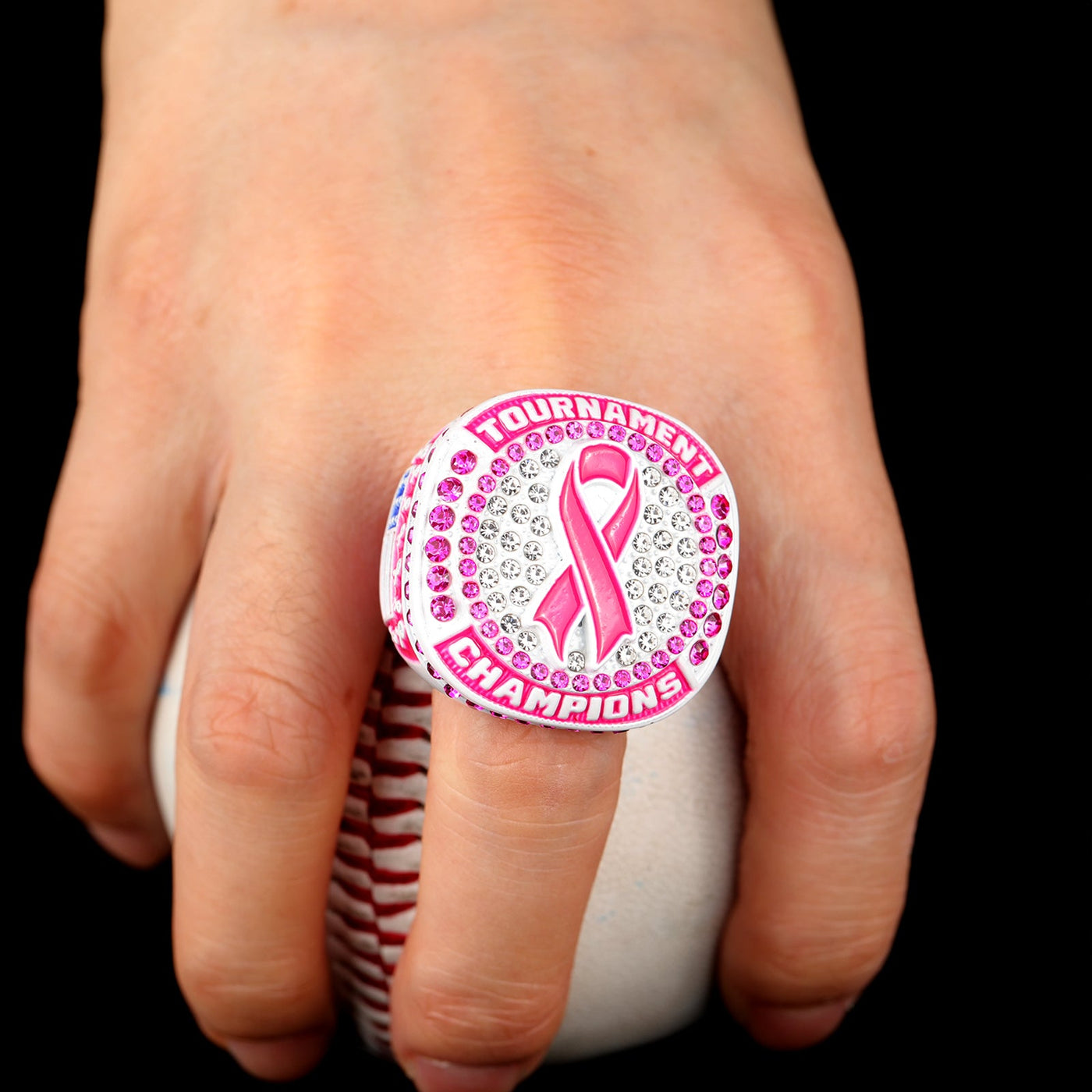 Seasonal fall breast cancer ribbon baseball team awards tournament championship white ring size 9.5 - Topsportsjewelry & awards
