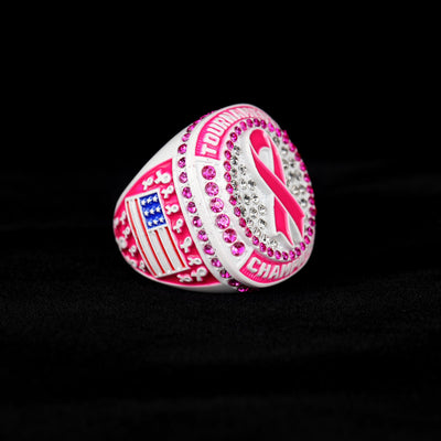 Seasonal fall breast cancer ribbon baseball team awards tournament championship white ring size 9.5 - Topsportsjewelry & awards