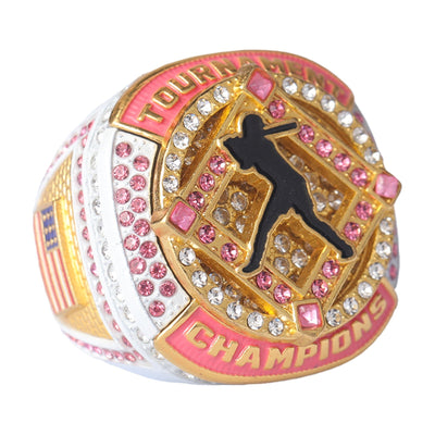 SFT - 03 Girl batter youth softball awards champion/finalist white ring pink stone size 9.5 - Topsportsjewelry & awards